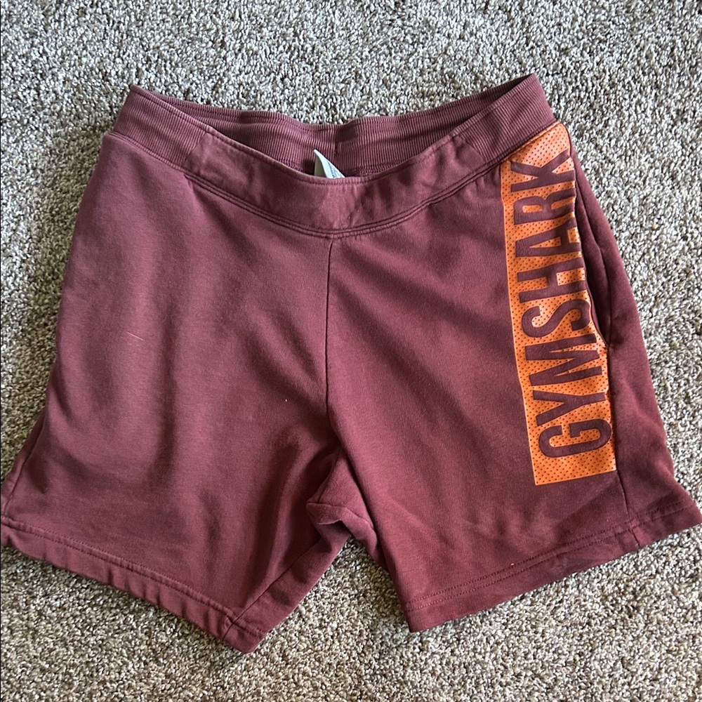 Gymshark Women's Maroon Athletic Shorts with Orange Logo Panel